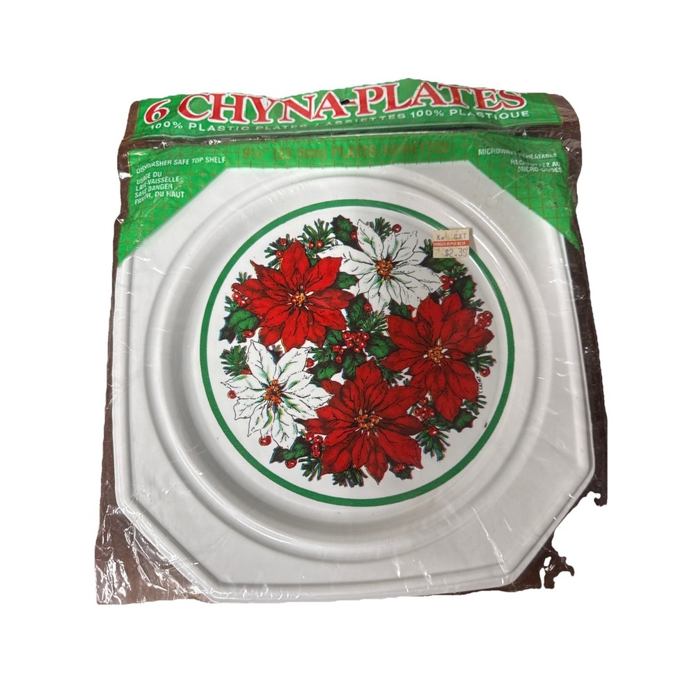 Vtg NOS Chyna Plates Poinsettia 11.5" Plastic Plates 6 In Pkg Holiday Christmas